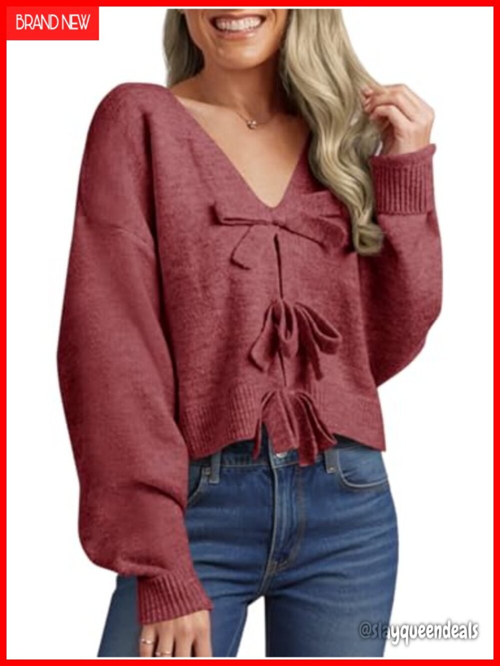Women's Cropped Bow Sweater V Neck Long Sleeve Tie Front Pullover